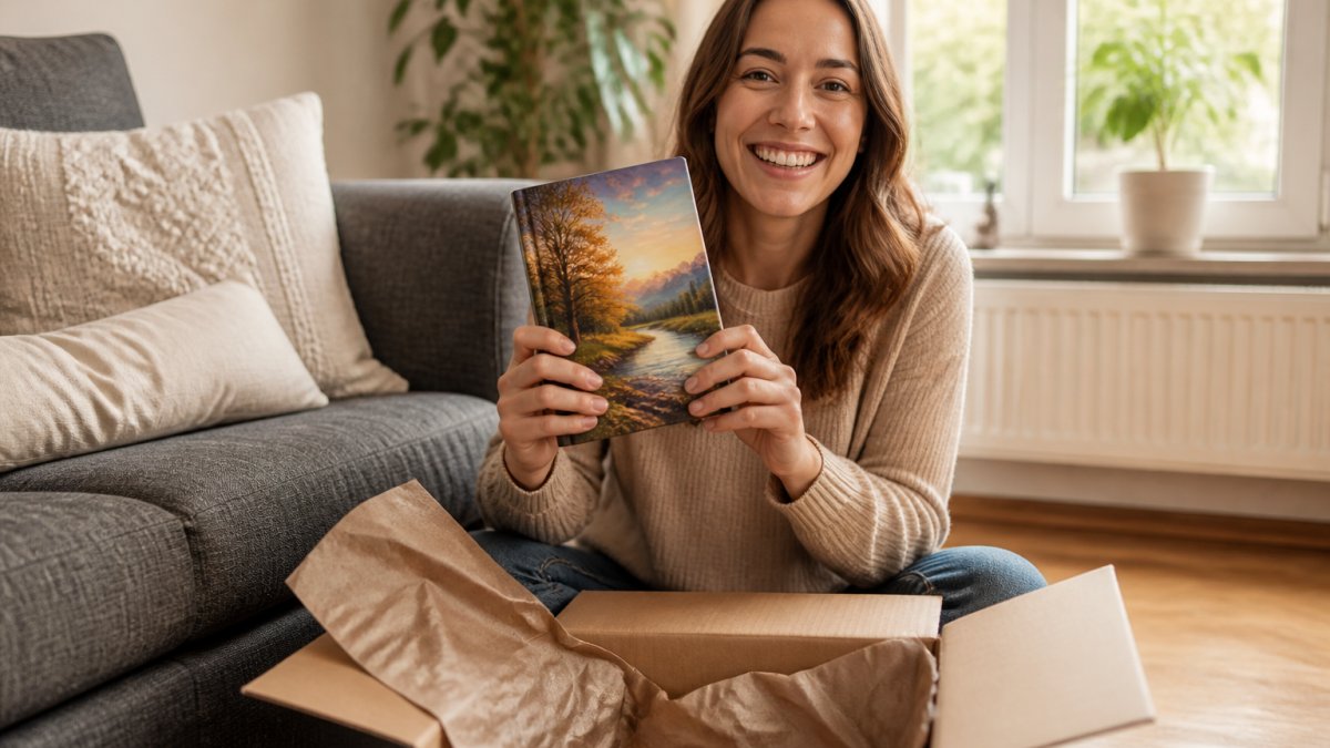 Person freudvoll ein gerade angekommenes Buch aus einem Versandkarton auspackt und es in die Kamera hält, mit Versandmaterial im Hintergrund und natürlichem Licht