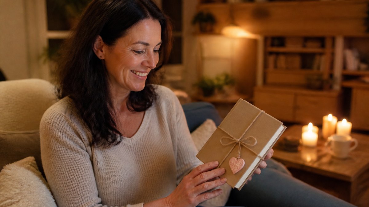 Eine lächelnde Mutter mittleren Alters hält ein liebevoll verpacktes Buchgeschenk mit handschriftlicher Widmung in den Händen, gemütliches Wohnzimmer mit Kerzenlicht und warmen Holztönen
