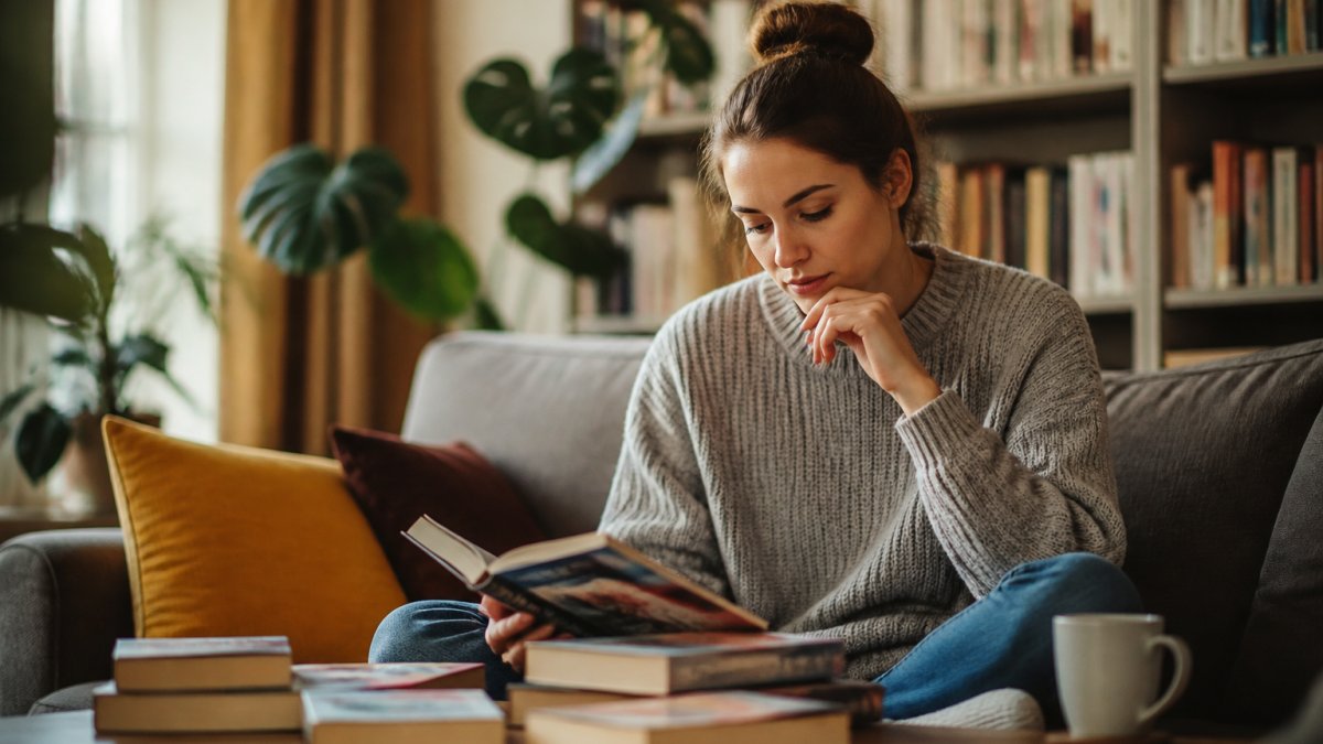 Person sitzt gemütlich mit einer Tasse Kaffee und durchblättert mehrere Bücher auf einem Sofa, mit nachdenklichem Blick auf die Buchtitel